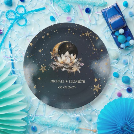 Celestial Gold Sun, Moon, Stars Lotus Night Sky Pappteller (Party)