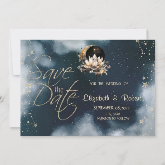 Celestial Gold Sun, Moon, Stars Lotus Night Sky Save The Date (Vorderseite)