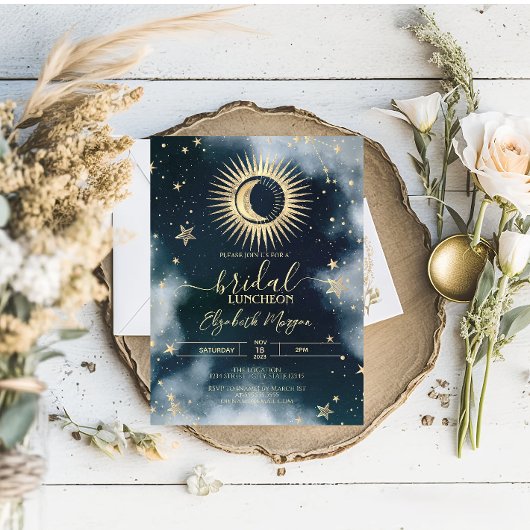 Celestial Gold Sun, Moon, Stars Night Sky Bridal Einladung