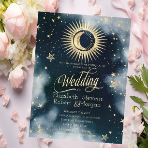 Celestial Gold Sun, Moon, Stars Night Sky Einladung