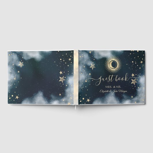 Celestial Gold Sun, Moon, Stars Night Sky Gästebuch (Voll)