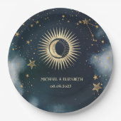 Celestial Gold Sun, Moon, Stars Night Sky Pappteller (Vorderseite)
