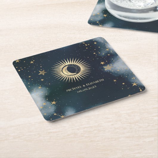 Celestial Gold Sun, Moon, Stars Night Sky Rechteckiger Pappuntersetzer (angewinkelt)