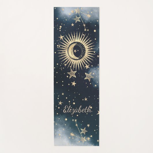 Celestial Gold Sun, Moon, Stars Night Sky Yogamatte (Vorderseite)