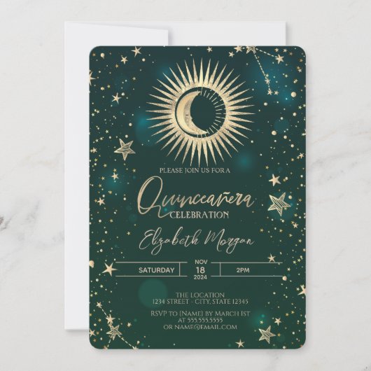 Celestial Gold Sun Moon Stars Quinceanera Einladung (Vorderseite)