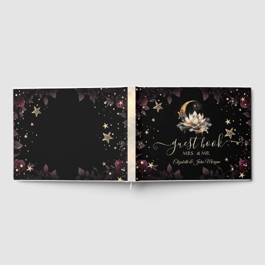 Celestial Gold Sun, Moon, Stars Rose Night Sky Gästebuch (Voll)