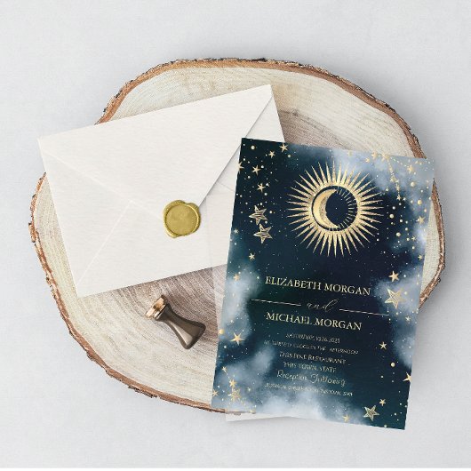 Celestial Gold Sun,Moon,Stars Sky Wedding  Einladung