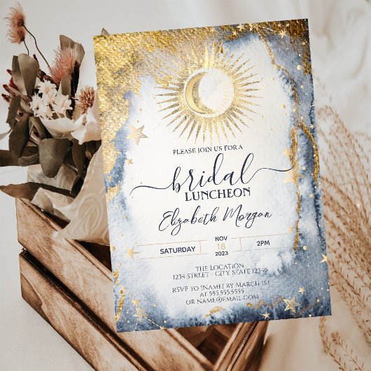 Celestial Gold Sun, Moon, Stars Watercolor Bridal Einladung