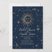 Celestial Gold Sun, Stars Navy Blue Brautparty Einladung (Vorderseite)