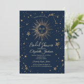Celestial Gold Sun, Stars Navy Blue Brautparty Einladung (Stehend Vorderseite)