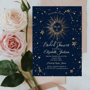Celestial Gold Sun, Stars Navy Blue Brautparty Einladung