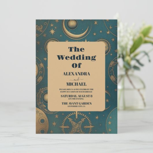 Celestial Gold Wedding Einladung (Stehend Vorderseite)