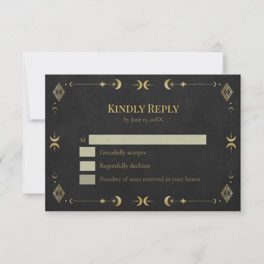 Celestial Gothic Black and Gold RSVP Card Karte (Vorderseite)