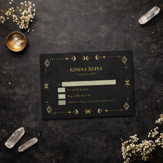Celestial Gothic Black and Gold RSVP Card Karte