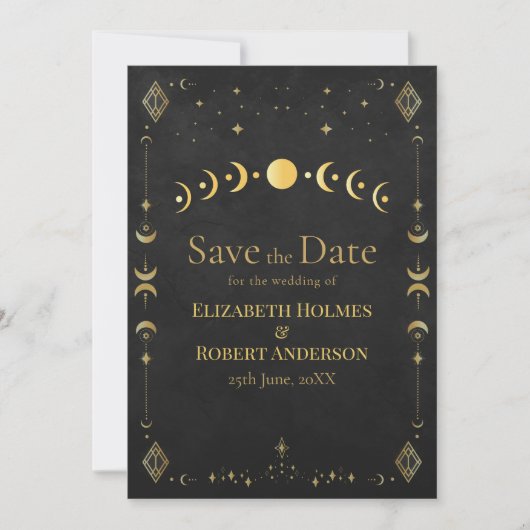Celestial Gothic Black and Gold Save the Date Card (Vorderseite)