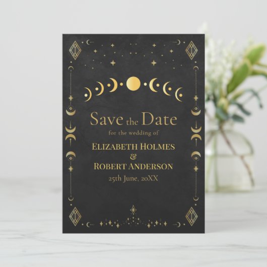 Celestial Gothic Black and Gold Save the Date Card (Stehend Vorderseite)