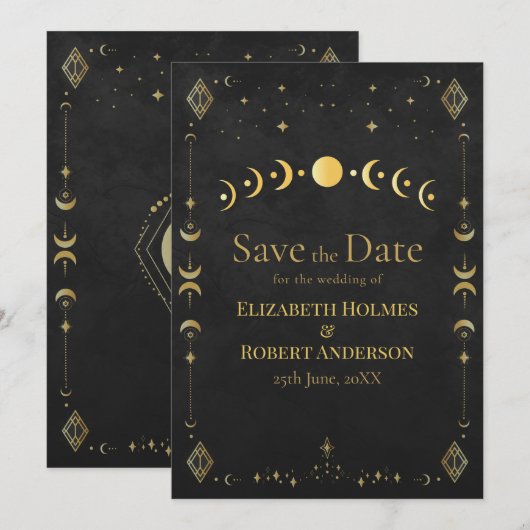 Celestial Gothic Black and Gold Save the Date Card (Vorne/Hinten)