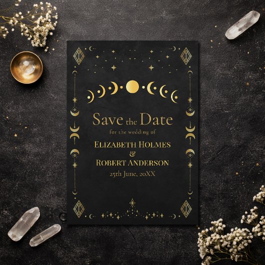 Celestial Gothic Black and Gold Save the Date Card