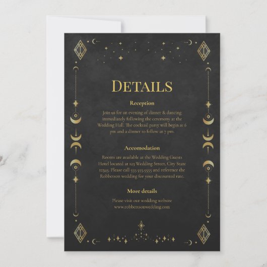 Celestial Gothic Black and Gold Wedding Details Einladung (Vorderseite)