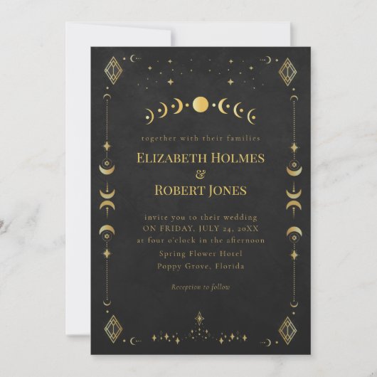 Celestial Gothic Black and Gold Wedding Invitation Einladung (Vorderseite)