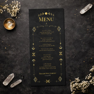 Celestial Gothic Black and Gold Wedding Menu Card Menükarte