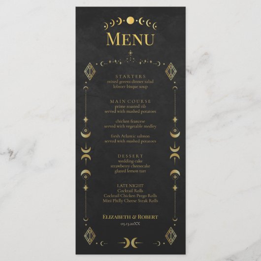 Celestial Gothic Black and Gold Wedding Menu Card Menükarte (Vorderseite)