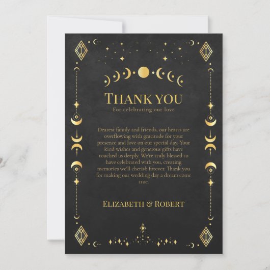 Celestial Gothic Black and Gold Wedding Thank You  Dankeskarte (Vorderseite)