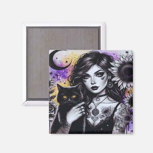 Celestial Gothic Hexe und Black Cat Magnet (Vorderseite/Rückseite)
