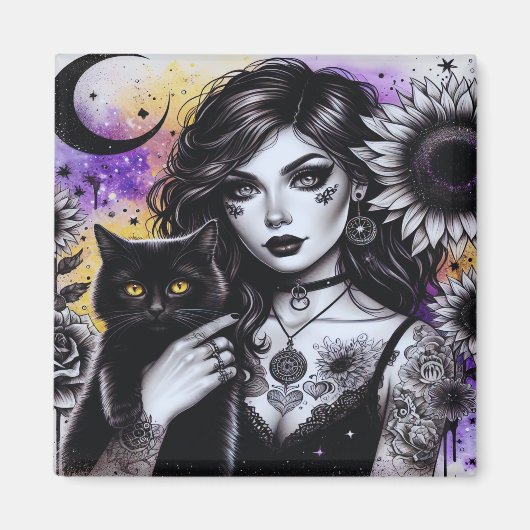 Celestial Gothic Hexe und Black Cat Magnet (Vorne)