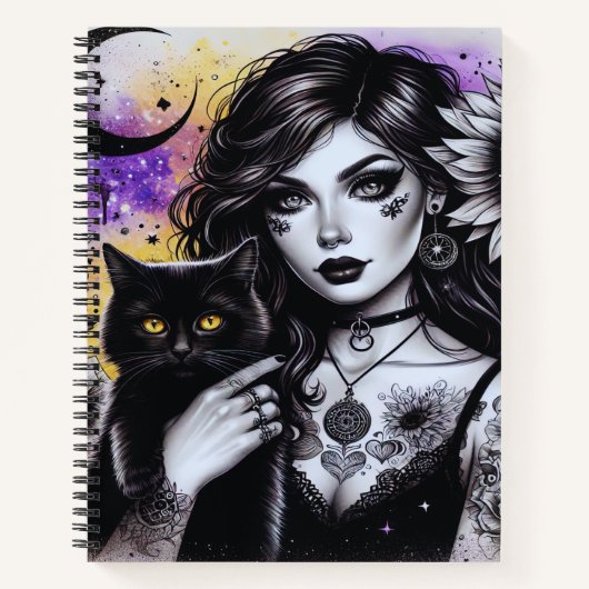 Celestial Gothic Hexe und Black Cat Notizblock (Vorderseite)
