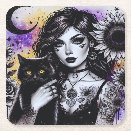 Celestial Gothic Hexe und Black Cat Rechteckiger Pappuntersetzer (Vorderseite)