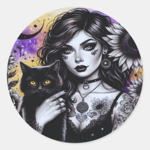 Celestial Gothic Hexe und Black Cat Runder Aufkleber