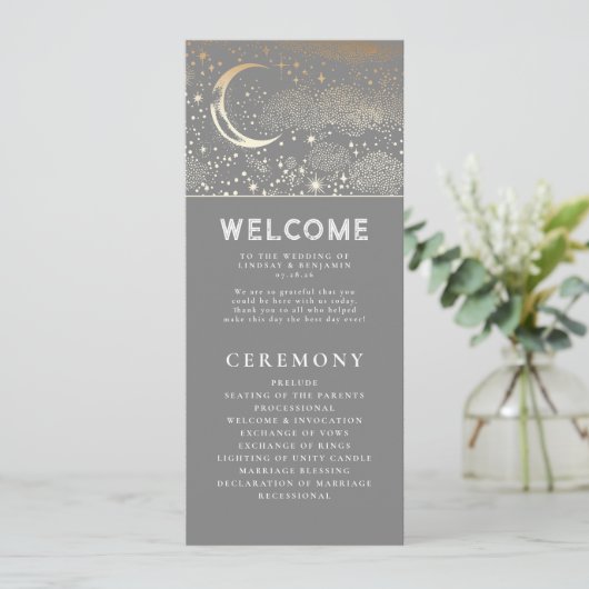 Celestial Gray and Gold Wedding Programs Programm (Stehend Vorderseite)