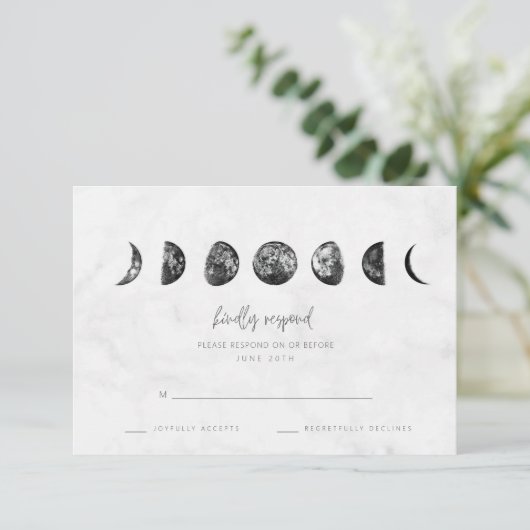 Celestial Gray Marble Moon Phases Wedding RSVP (Stehend Vorderseite)