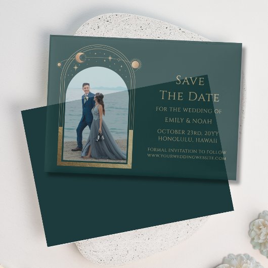 Celestial Green Gold Foto Wedding Save the Date Pergament Einladungen