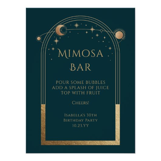 Celestial Green Gold Mimosa Bar Sun Moon Stars Poster (Vorderseite)