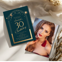 Celestial Green Gold Sun Moon Stars 30. Geburtstag Einladung