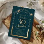 Celestial Green Gold Sun Moon Stars 30. Geburtstag Einladung<br><div class="desc">Celestial Green Gold Sun Moon Astronomie 30. Geburtstag Einladungen bietet eine elegante goldene Sonne, Mond und Sterne mit einem goldenen Rahmen auf einem waldgrünen Hintergrund. Im Inneren ist Ihre individuelle Einladung zum dreißigsten Geburtstag Informationen. Personalisieren Sie den Text in den Textfeldern, indem Sie ihn bearbeiten. Für Sie entworfen von Evco...</div>