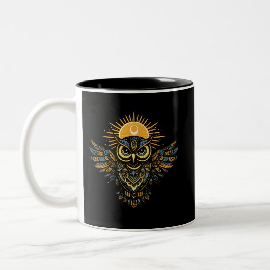 Celestial Guardian Owl Sun Halo Art Zweifarbige Tasse (Links)