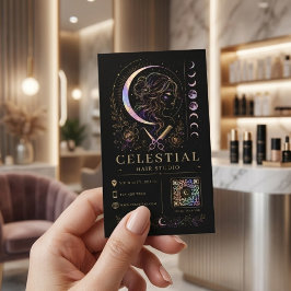 Celestial Hair Studio Luxus Schwarz Gold QR Salon Visitenkarte