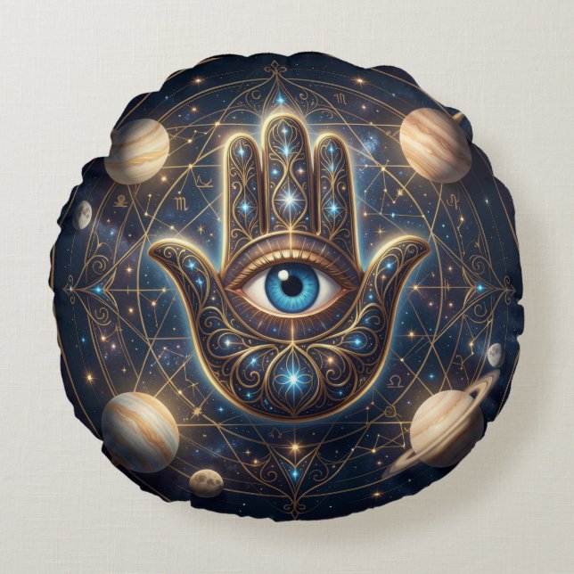 Celestial Hamsa Hand & Evil Eye Cosmic Protection  Rundes Kissen (Vorderseite)