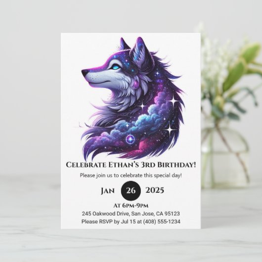 Celestial Howl Wolf Birthday Einladung (Stehend Vorderseite)