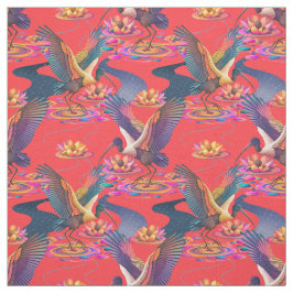 Celestial Ibis and Lily Pond on Coral Red Stoff
