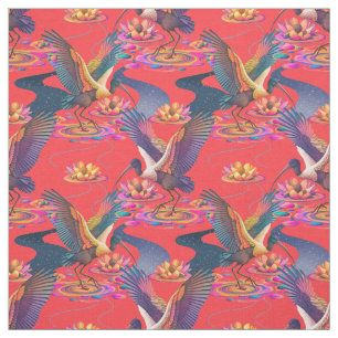 Celestial Ibis and Lily Pond on Coral Red Stoff