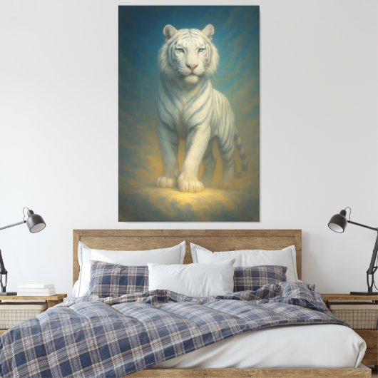 Celestial Ice-Aura White Tiger – Frostlight Divine Leinwanddruck (Insitu (Schlafzimmer))