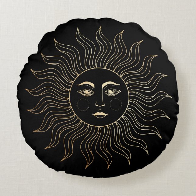 Celestial Imitate Gold Sun Vintag Black Rundes Kissen (Vorderseite)