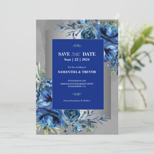 Celestial Liebe Silver, Blue Elegance Save the Dat Einladung (Stehend Vorderseite)