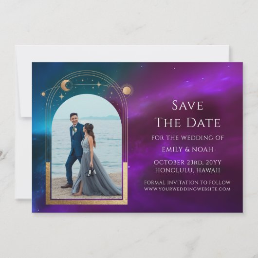 Celestial Lila Aquamarine Gold Sun Moon Stars Save The Date (Vorderseite)
