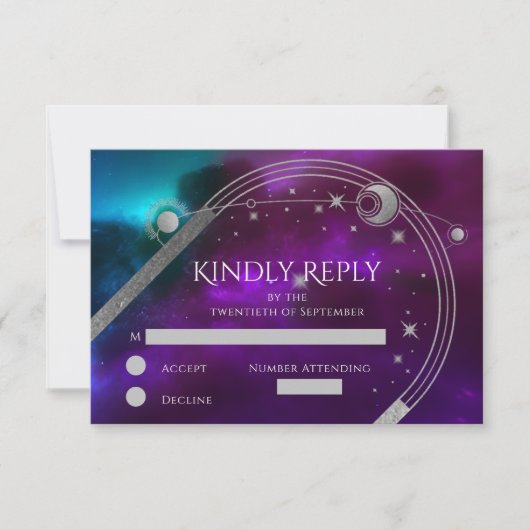 Celestial Lila Aquamarine Silver Sun Moon Star Hoc RSVP Karte (Vorderseite)