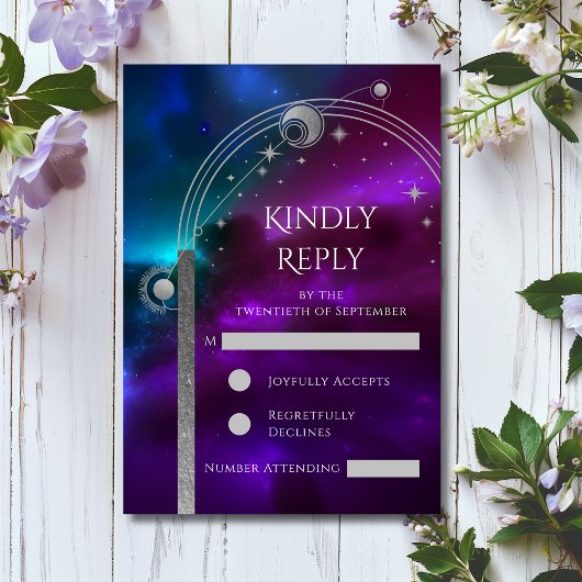 Celestial Lila Aquamarine Silver Sun Moon Star Hoc RSVP Karte